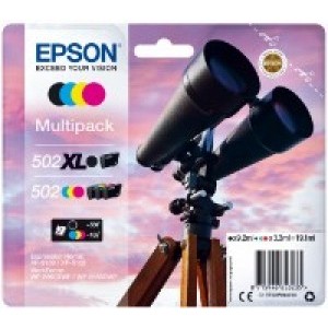 Epson 502XL Binoculars Black Cyan Magenta Yellow Ink Cartridge Multipack 9.2ml + 3x3.3ml (Pack 4) - C13T02W94010