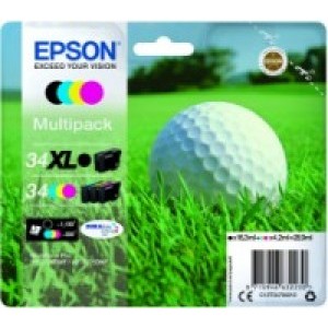 Epson 34XL Golf Ball Black Cyan Magenta Yellow High Yield Ink Cartridge Multipack 16.3ml + 3x4.2ml (Pack 4) - C13T34794010