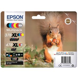 Epson 378XL/478XL Squirrel Black Grey Cyan Magenta Yellow Red High Yield Ink Multipack 2x11.2ml + 3x9.3ml + 10.2ml (Pack 6) - C13T379D4010