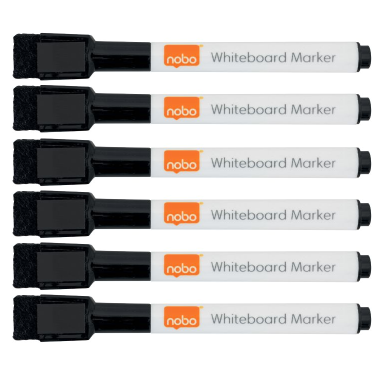 Nobo Black Mini Whiteboard Pen with Magnetic and Eraser Cap [Pack of 6]
