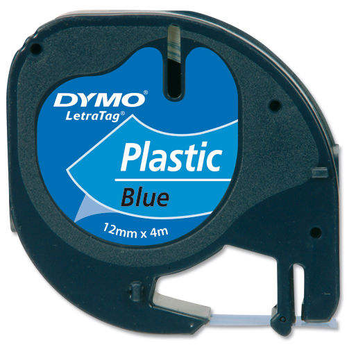 Dymo Letratag Plastic Tape 12mmx4m Black on Blue alternative image 3
