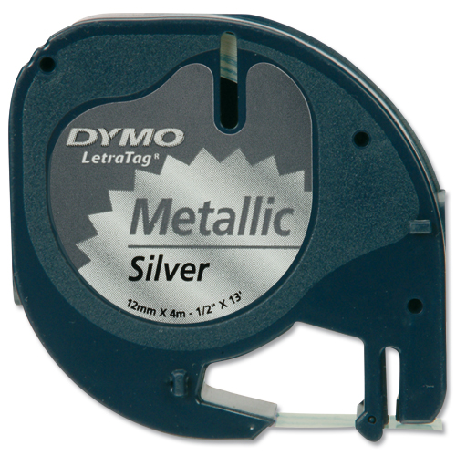 Dymo Letratag Plastic Tape 12mmx4m Black on Silver alternative image 3