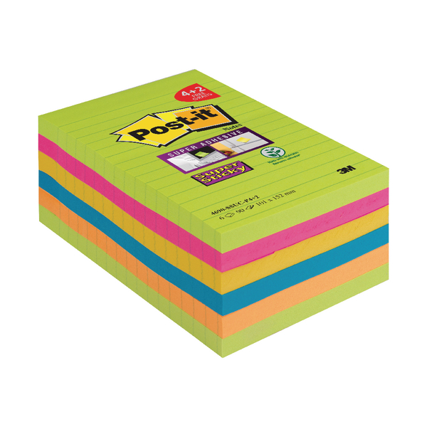 Post-It Notes Super-Sticky XXL 101x152mm Ultra Colours [Pack of 6]