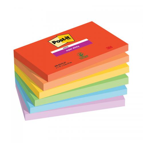 Post it Pack of 6 Super Sticky Notes Playful Colours 76x127mm 90 Sheet