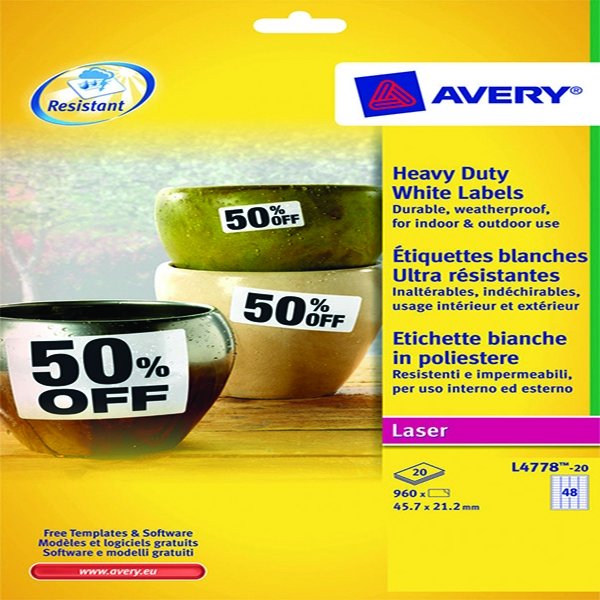 Avery L4778-20 Laser Labels Heavy Duty 48/Sheet White [20 Sheets]
