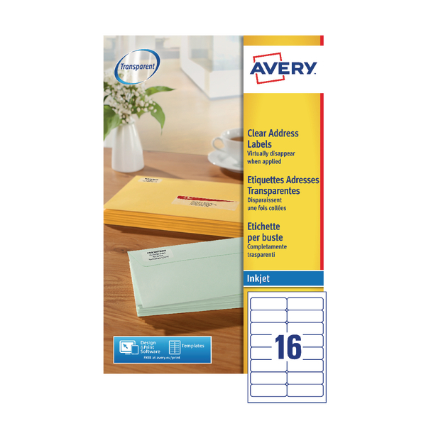 Avery Clear Inkjet Address Labels 16/Sheet 99.1x34mm J8562-25 [25 Sheets]