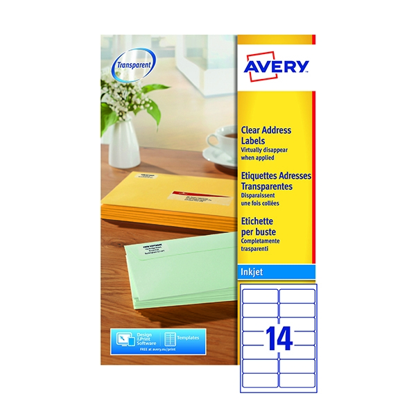 Avery Clear Inkjet Labels 14/Sheet 99.1x38.1mm J8563-25 [25 Sheets]