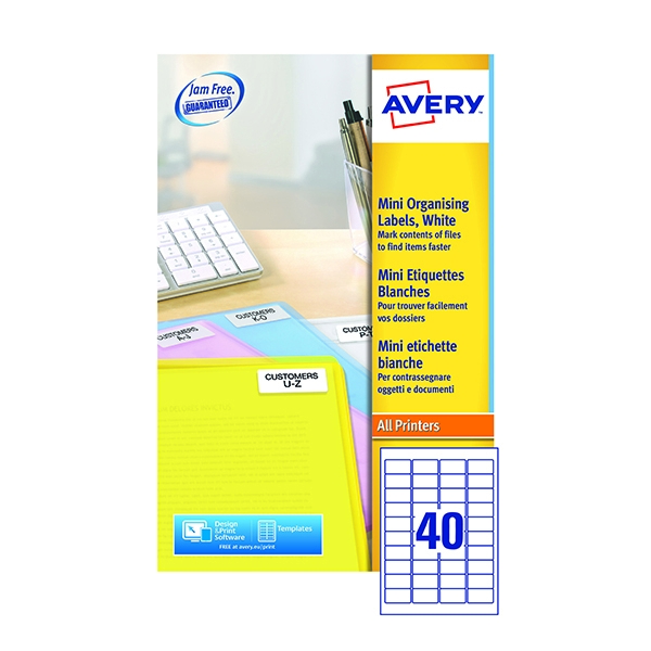Avery Laser Mini Labels White 40/Sheet 45.7x25.4mm L765425 [25 Sheets