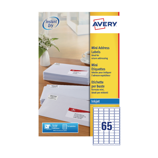 Avery Inkjet Labels 65/Sheet 38.1x21.2mm J8651 [25 Sheets]