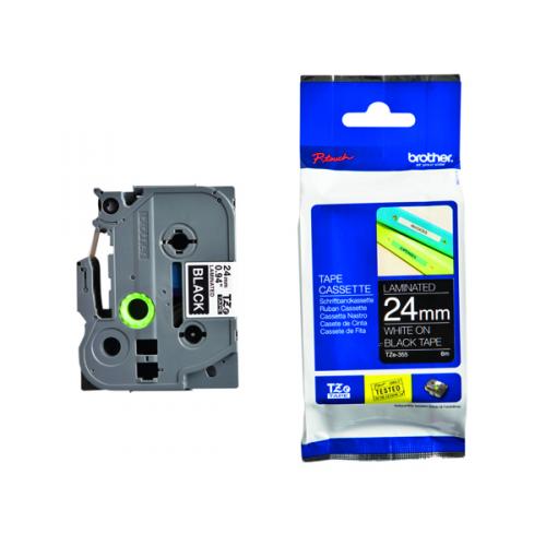 Brother TZE355 White on Black 8m x 24mm Gloss Tape