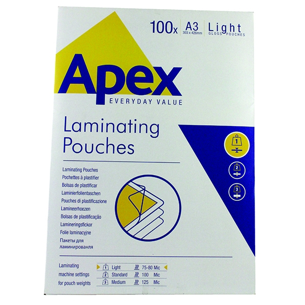 Fellowes Apex Laminating Pouch A3 Light Duty Clear [Pack of 100]