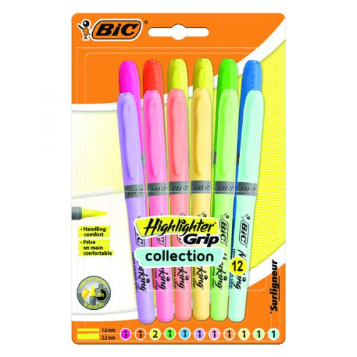 Bic Grip Pastel Highlighters Assorted [Pack of 12]