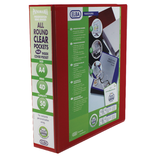 Elba Panorama Presentation Binder A4 4 D-Ring 50mm Red [Pack of 4]