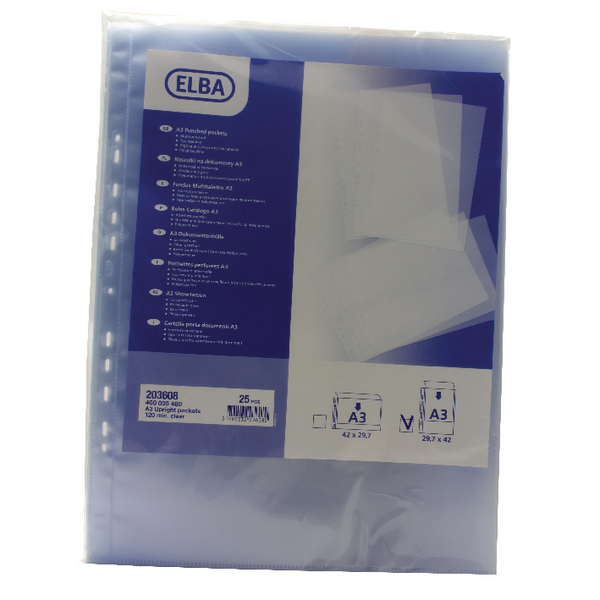 Elba Polypropylene Pockets A3 Upright Top Open Clear [Pack of 100]