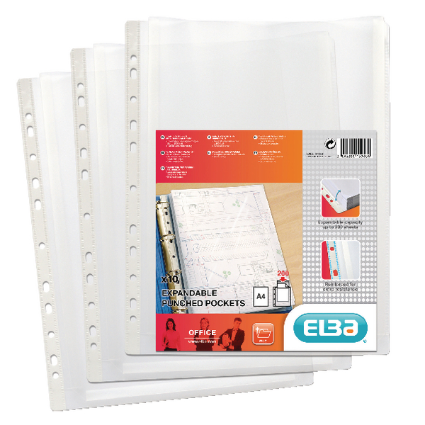 Elba Expanding Punched Pocket Clear [Pack of 10]