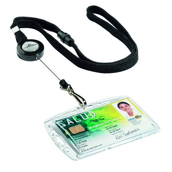 Durable Textile Lanyard with Badge Reel Black [Pack of 10]