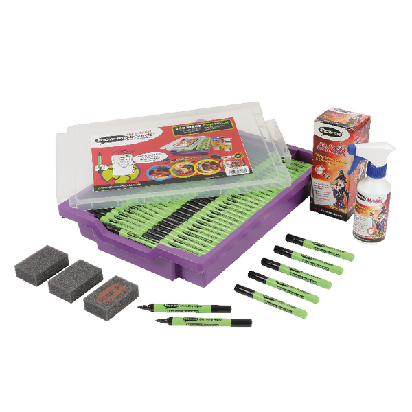 Show-Me Dry Wipe Pens in Gratnells Tray [Pack of 200+Free Cleaner+Erasers]