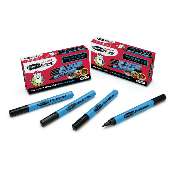 Show-me Fine Point Slim Barrel Drywipe Marker Black [Pack of 10]
