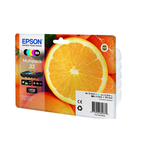 Epson 33 Black /PhotoBlack /Cyan/Magenta/Yellow Inkjet Cartridge [Pack of 5] C13T33374010 / T3337