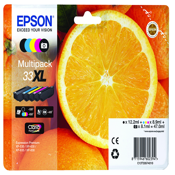 Epson 33XL Black /Cyan/Magenta/Yellow Inkjet Cartridge [Pack of 4] C13T33574010 / T3357