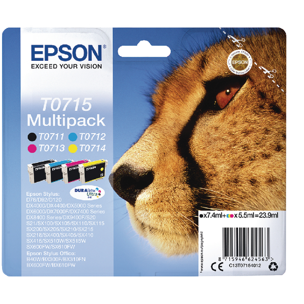 Epson T0715 Black Cyan Magenta Yellow Inkjet Cartridge Value [Pack of 4]