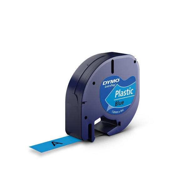 Dymo Letratag Plastic Tape 12mmx4m Black on Blue