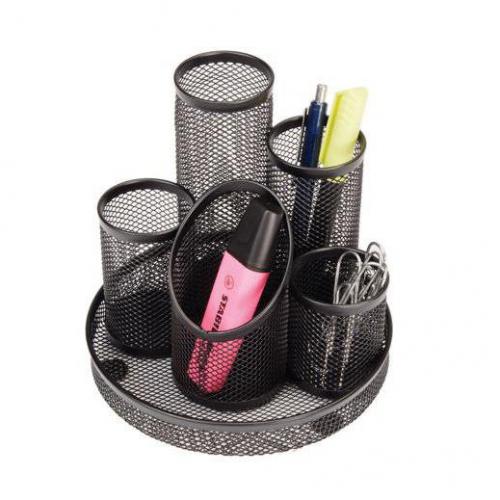 Office Desk Tidy Wire Mesh Scratch Resistant Non-Marking Base 5 Compartment DiaxH: 160x140mm Black