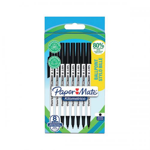 PaperMate 2187678 Kilometrico Recycled Black Ball Pen pack of 8 pens