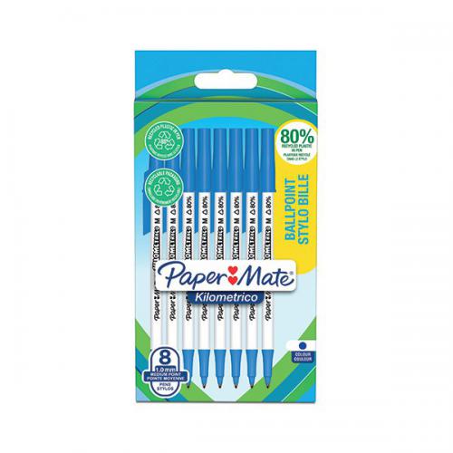 PaperMate 2187679 Kilometrico Recycled Blue Ball Pen pack of 8 pens