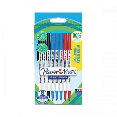 PaperMate 2187680 Kilometrico Recycled Assorted Ball Pen pack of 8 pens