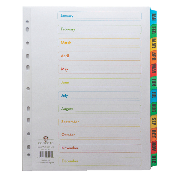 Concord Index A4 Jan-Dec Extra Wide Multicolour Tabs