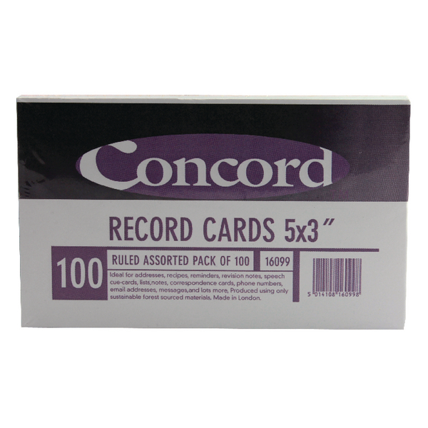 Concord Record Cards 5x3 Inches Assorted [Pack of 100]