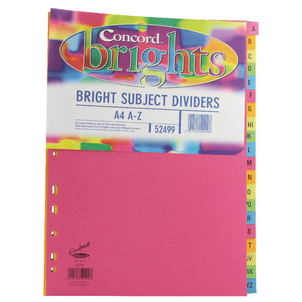 Concord Bright Card Divider A4 A-Z Multi-Coloured [Pack of 10]