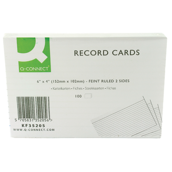Q-Connect Record Card 6x4 Inches Feint Ruled White [Pack of 100]