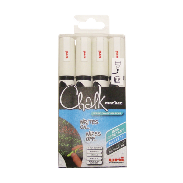 Uni Chalk Markers Medium White [Pack of 4]