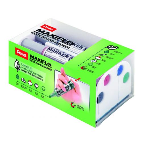 Pentel Maxiflo Whiteboard Marker with Magnetic Eraser [Pack of 4+1 Eraser]