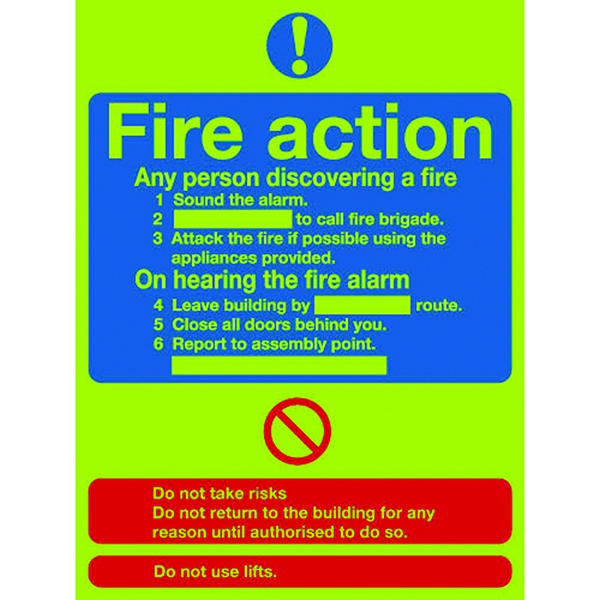 Photoluminescent Sign:Fire Action 300x250mm Self Adhesive