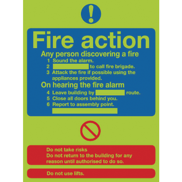 Photoluminescent Sign:Fire Action 300x250mm PVC