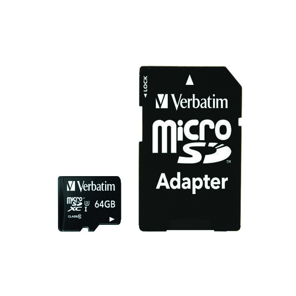 Verbatim Pro Micro SDXC 64Gb Memory Card Class 10 UHS-I U3 with Adapter