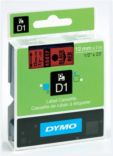 Dymo D1 Labels 12mm Black on Red alternative image 1
