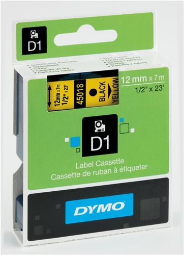 Dymo D1 Labels 12mm Black on Yellow alternative image 1