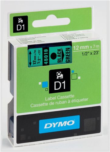 Dymo D1 Labels 12mm Black on Green alternative image 1