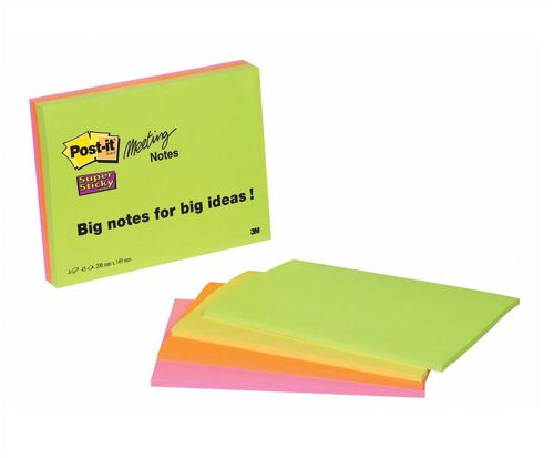 3M Post-It Super Sticky Notes Neon 200x149mm [Pack of 4] alternative image 1