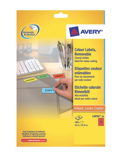Avery Coloured Labels Laser 24/Sheet 63.5x33.9mm Red [480 Labels] alternative image 1