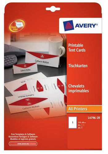 Avery Printable Business Tent Card 1/Sheet 210x60mm White 190gsm [20 labels] alternative image 1