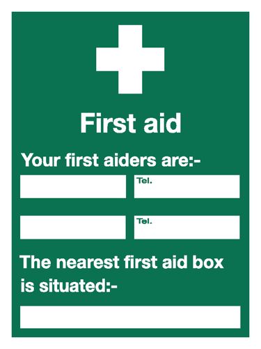 Safety Sign:Your First Aiders Names, Numbers and Nearest First Aid Box 600x450mm PVC alternative image 1