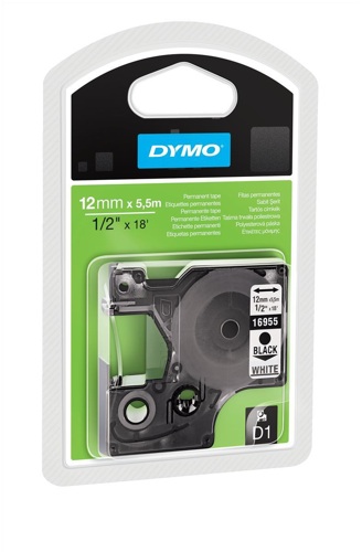 Dymo D1 Permanent Tape 12mmx5.5m Black on White alternative image 1