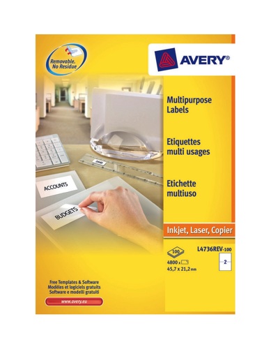 Avery Removable Laser Labels 48/Sheet 45.7x21.2mm L4736REV-25 [25 Sheets] alternative image 1
