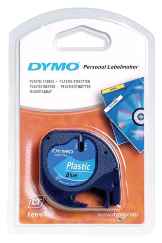 Dymo Letratag Plastic Tape 12mmx4m Black on Blue alternative image 1