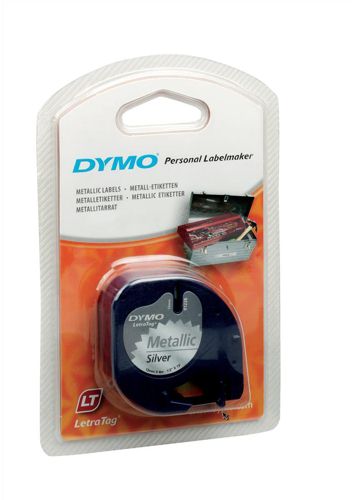 Dymo Letratag Plastic Tape 12mmx4m Black on Silver alternative image 1
